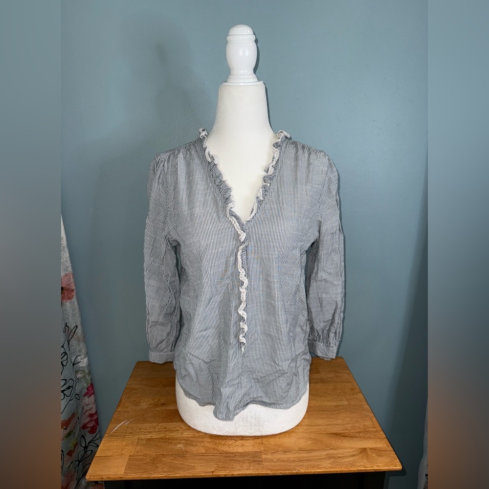 LC Lauren Conrad Blue and White Ruffle Blouse